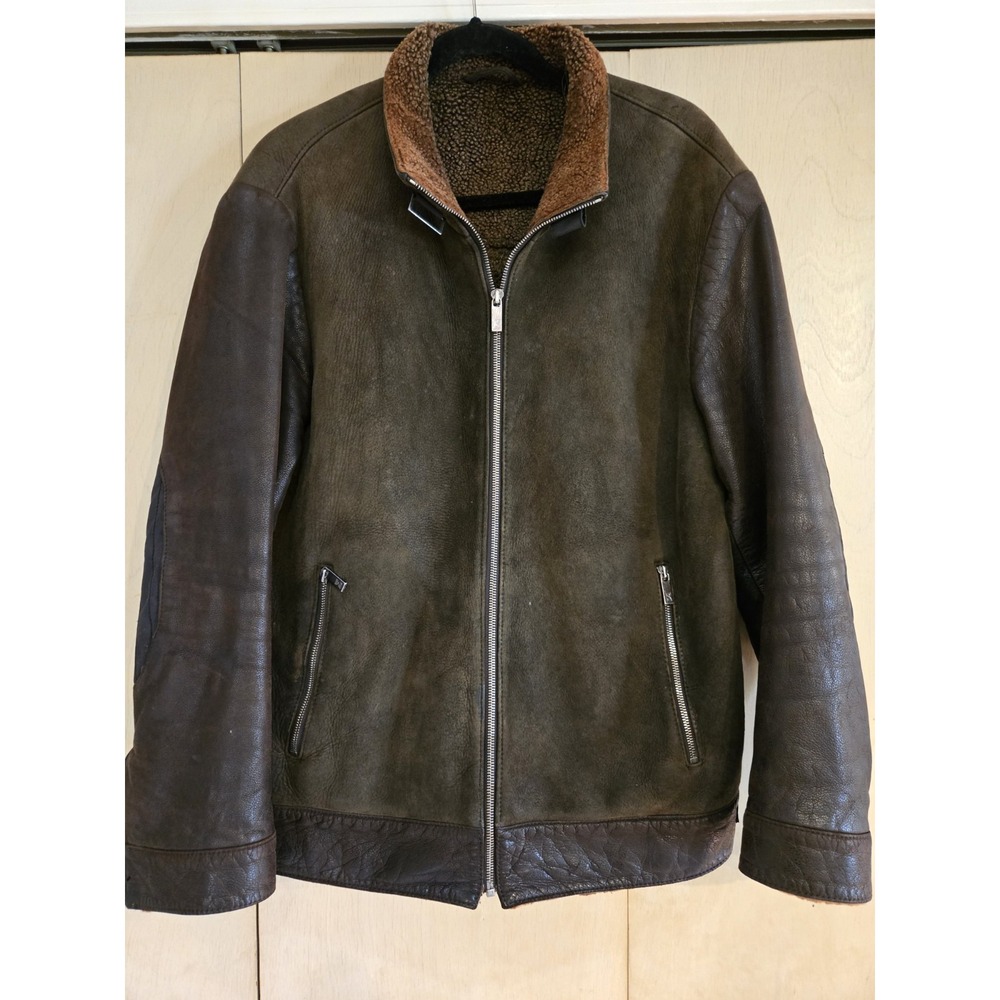 Zegna Sport Mens Medium Suede Leather Bomber Jacket Brown Sherpa Buckle Collar